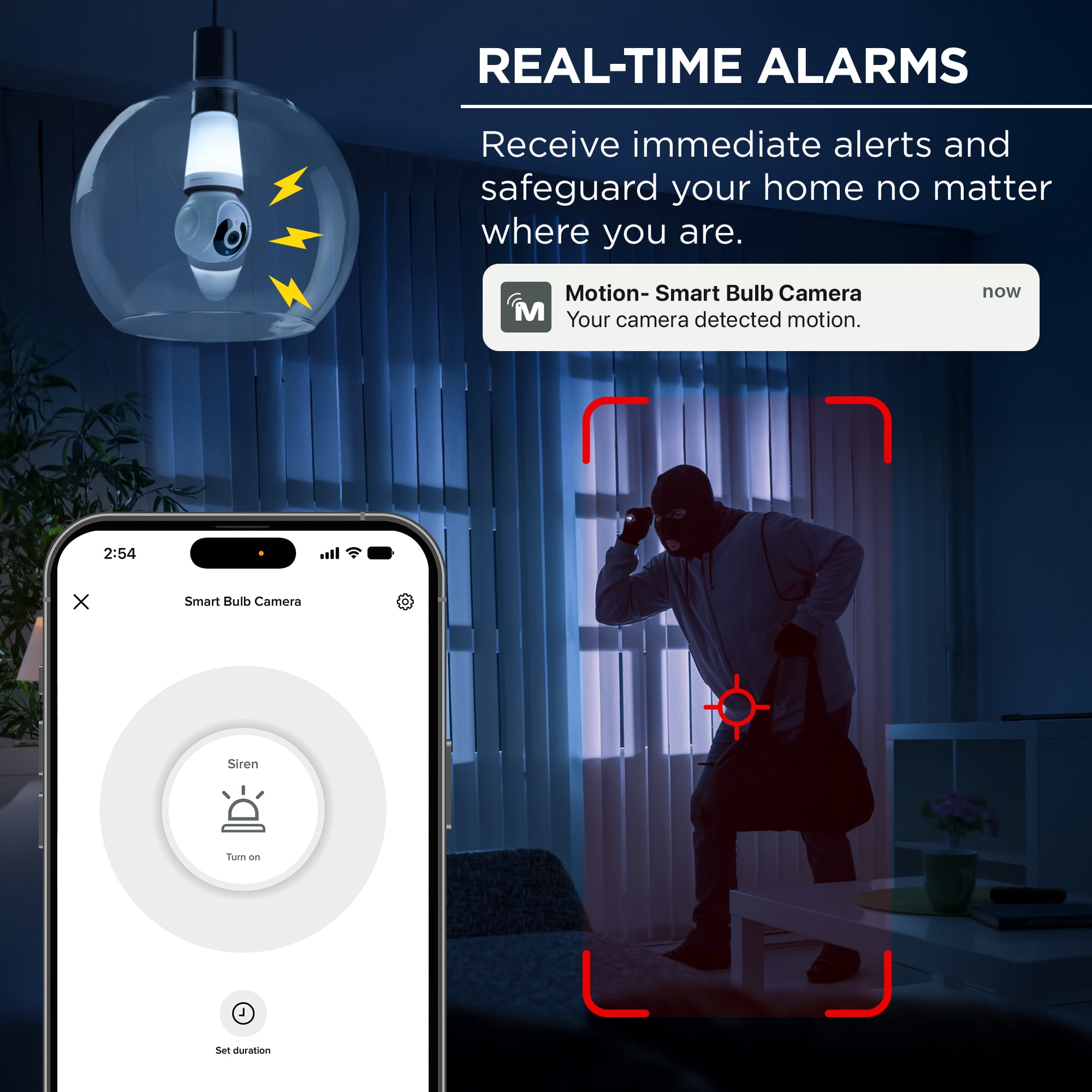Caméra de sécurité Merkury Smart 2K intégrée à une ampoule, rotation et inclinaison à 360°, vidéo HD 4 MP, vision nocturne, alertes de mouvement