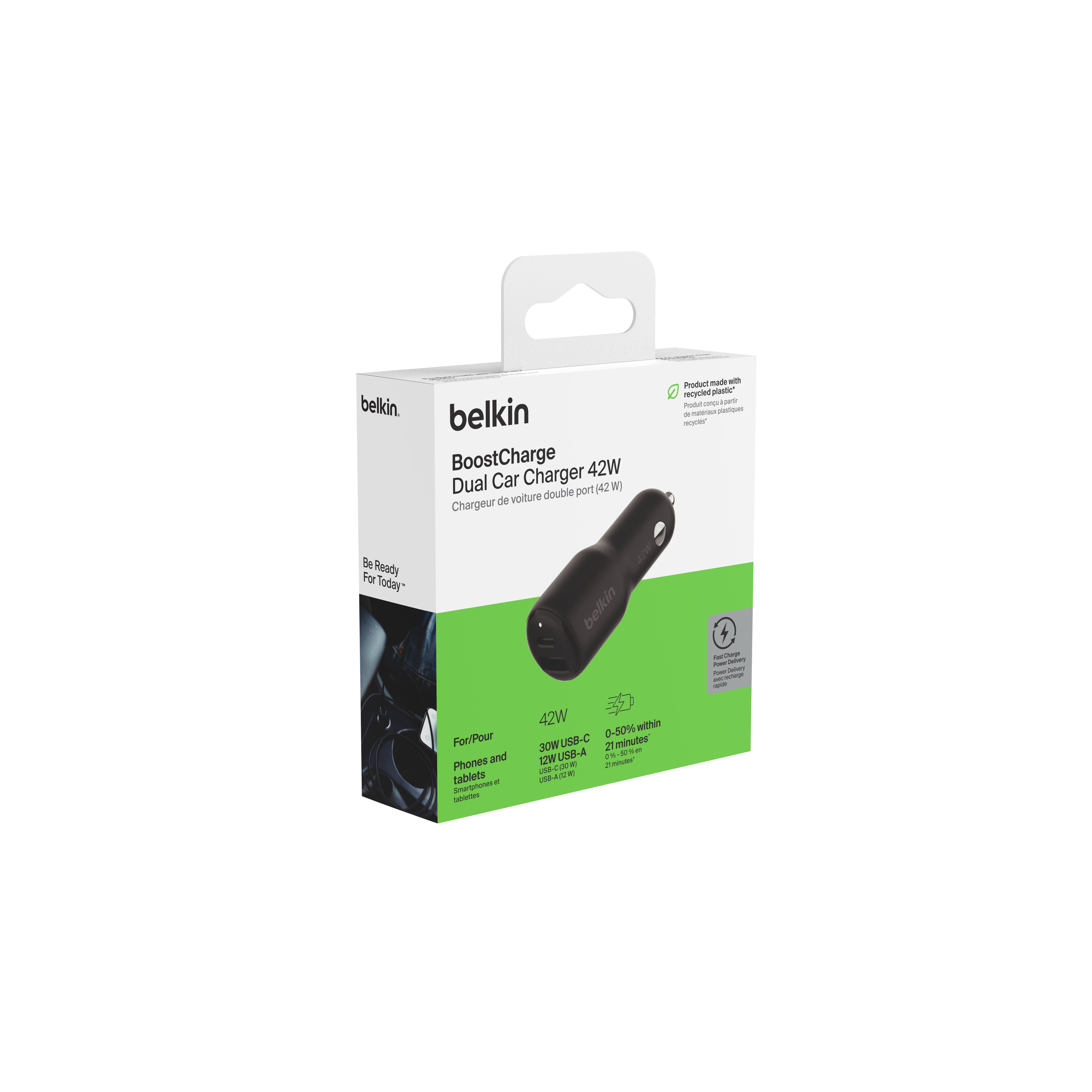 Double chargeur de voiture Belkin BoostCharge 42 W avec ports USB-C charge rapide 30 W PPS et 12 W USB-A pour Apple iPhone 15, 15 Pro, 15 Pro Max, iPhone 14 Series, iPhone 13 Series, Samsung Galaxy S2