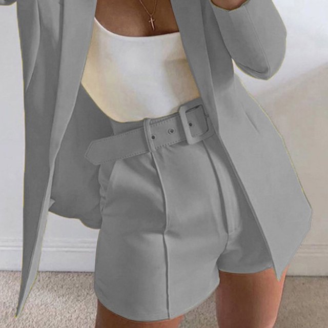 LOVZFMLL Women's Solid Suit Pant With Pockets Waisted Shorts With Belt Gray M