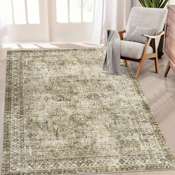 Tapis Lavables 8x10 Tapis d'Intérieur Vintage Médaillon Bohème Usé Grand Tapis Non Pelucheux Tapis Rétro pour Salon Poil Ras Antidérapant Tapis d'Intérieur pour Chambre Salle à Manger, Brun