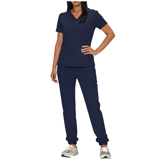 Nfurl Ensembles de Joggers de Sarraus pour Femmes 2 Pcs Manches Courtes Col en V Uniformes d'Infirmière Hauts avec Multiples Poches Sarraus de Soins Infirmiers pour Femmes Ensembles Assortis Bleu Marine TG