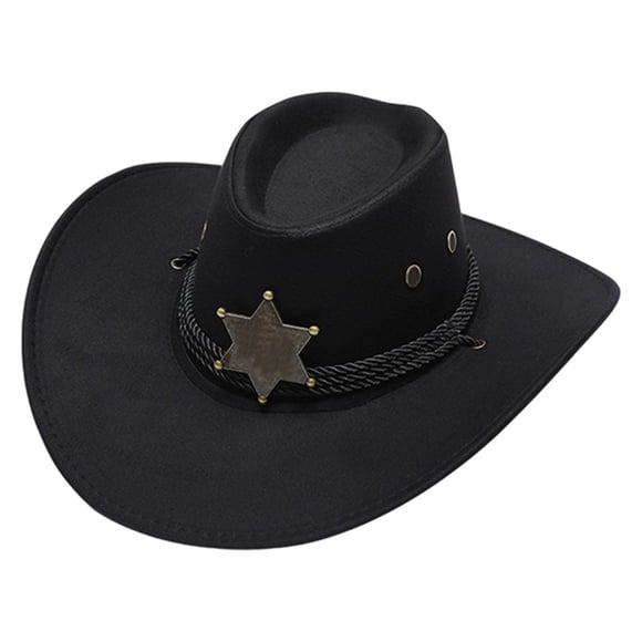 GPOECD Classic Western Cowboy Hat For Men And Women With Decorative Star Buckle Detail Wide Brim Design Black,One Size