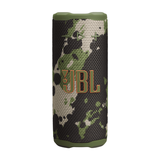 JBL Grip Squad Portable Speaker front view showing its cylindrical shape with green, black, and beige camouflage fabric, orange JBL logo, and green rubberized ends, designed as a durable, waterproof portable Bluetooth speaker ideal for outdoor use.