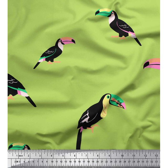Soimoi Green Silk Fabric Toucan Bird Decor Fabric Printed Yard 44 Inch Wide