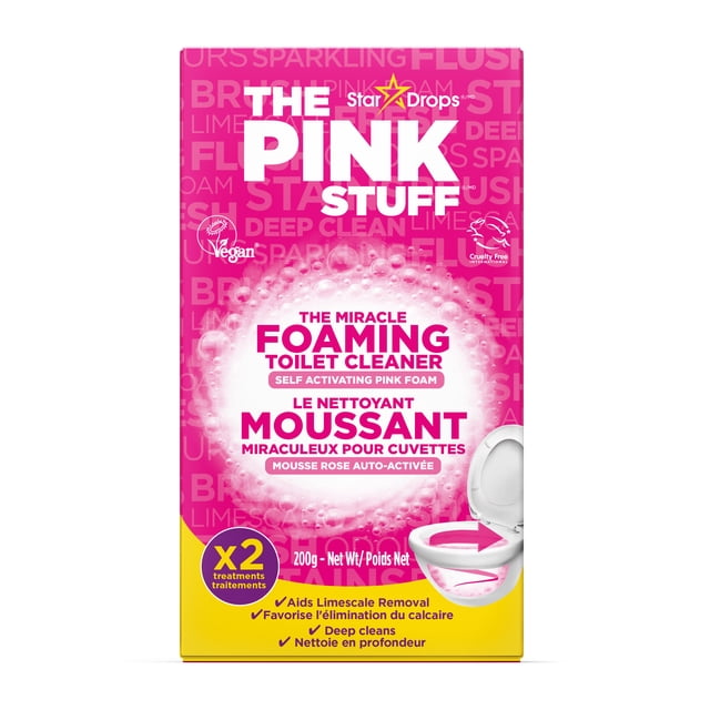 Stardrops The Pink Stuff la Boîte de Nettoyant Moussant Miracle pour Toilettes au design Rose et Jaune, avec Mousse Rose Auto-Activante pour un Nettoyage en Profondeur et l'Élimination du Calcaire dans les Cuvettes de Toilette, Certifié Végane et Sans Cruauté, Emballage de 200 g avec Deux Traitements.