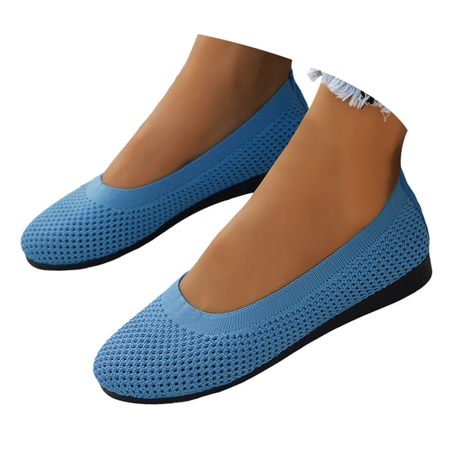 Dakaela Ballerines pour Femmes à Bout Rond en Tricot à Enfiler Ballerines de Marche Mocassins à Petit Talon Compensé Bleu 9