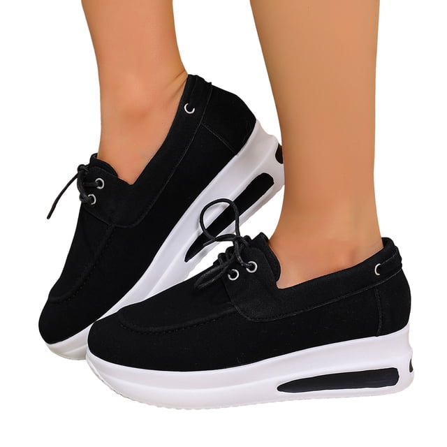 Chaussures de Marche à Plateforme Compensée pour Femmes Printemps Automne Confortables en Suède à Lacets Épaisses Espadrilles Mode Mocassins