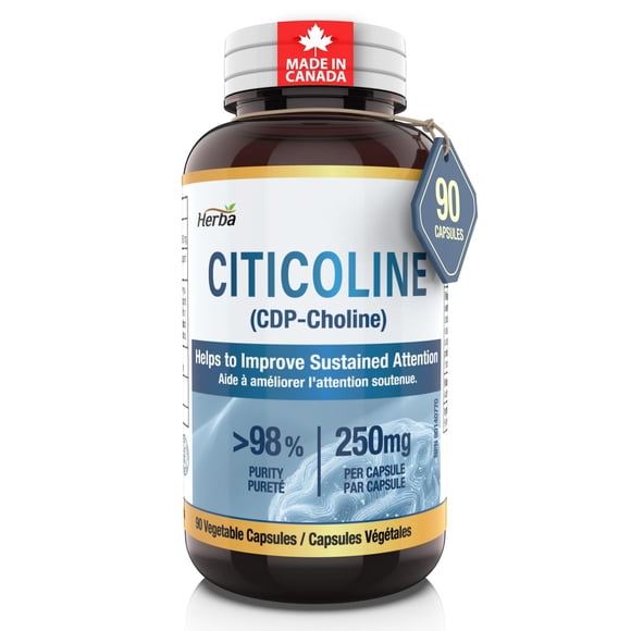 Herba Citicoline Supplement 250mg – 90 Capsules | >98% Ultra Pure CDP Choline | Made in Canada