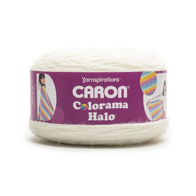 Caron® Colorama Fil Mélangé Volumineux HaloTM #5 en Blanc Cassé, Écheveau de 8 Oz/227 g avec Étiquette Violette Présentant le Nom de Marque et les images d'Un Vêtement Tricoté à Rayures Colorées, Idéal pour des Projets de Tricot et de crochet Volumineux Rapides avec du Fil à Texture Douce.