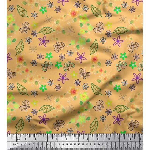 Soimoi Orange Poly Georgette Fabric Leaves,Insect & Floral Artistic Printed Craft Fabric by The Yard 42 Inch Wide