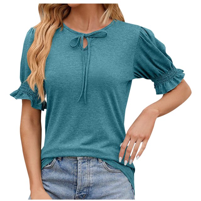 FAIWAD Womens Casual Tops V Neck Drawstring Shirts Puff Short Sleeve Blouses Loose Work Tunic Tops