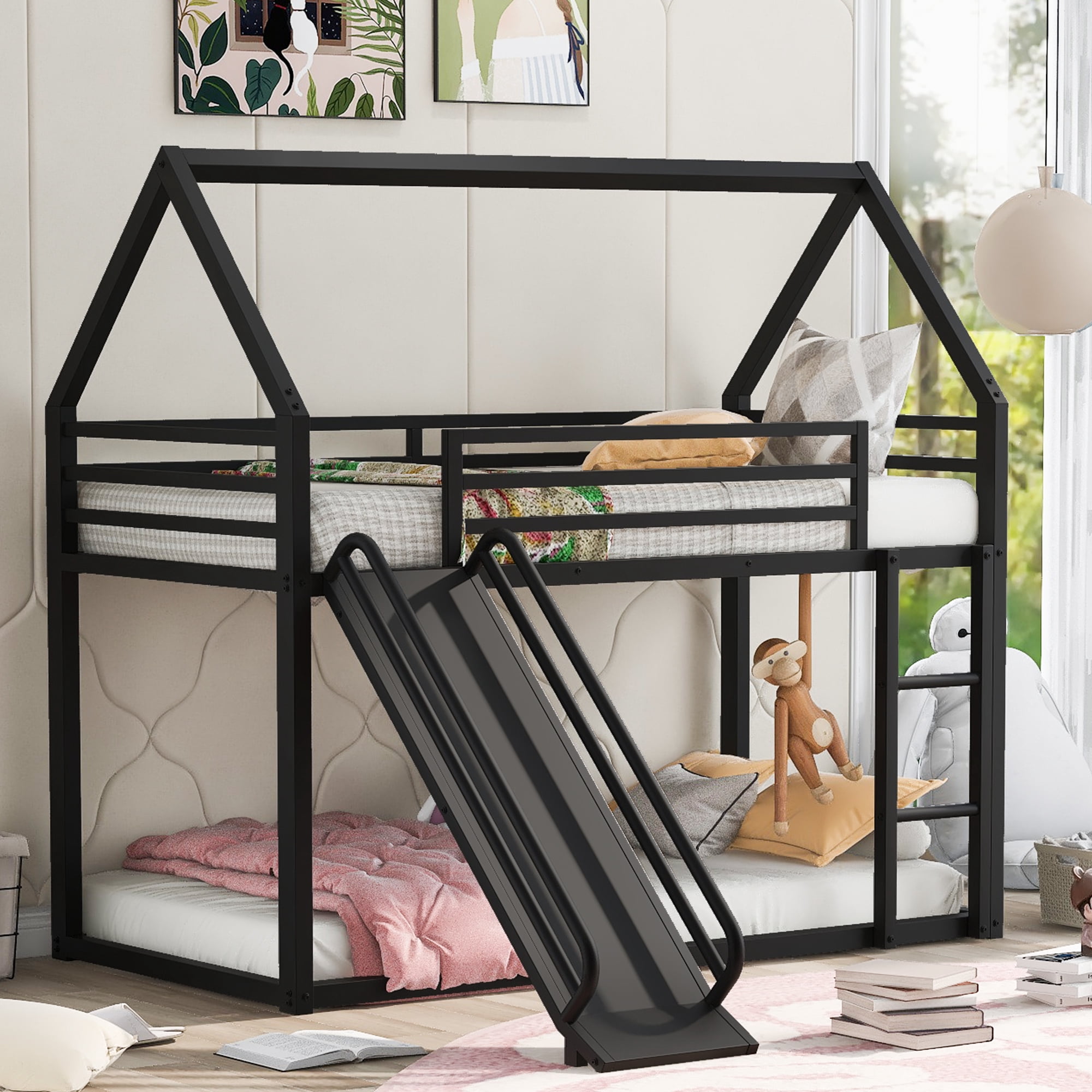 Noble House Twin over Twin House Bunk Bed with Ladder and Slide,Black