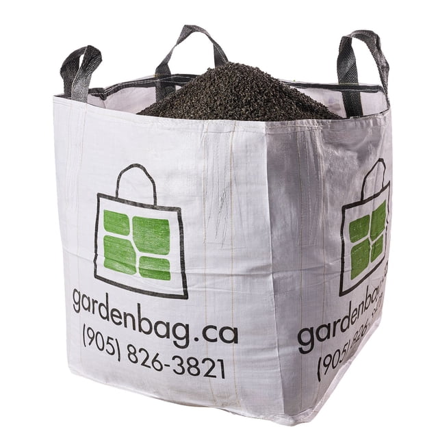 HPB (High Performance Base) in a large white woven Garden Bag with green logo and black handles, filled with ¼ inch washed aggregate material ideal for landscaping base use without compaction, delivered to Mississauga and surrounding areas.
