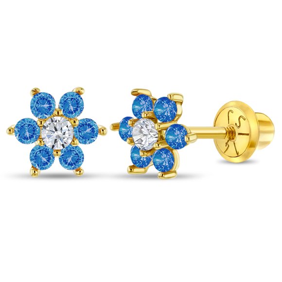 14k Yellow Gold Blue & Clear Cubic Zirconia Flower Screw Back Earrings for Girls