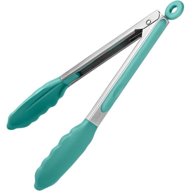 480°F Heat Resistant Kitchen Tongs: U-Taste 9in Silicone Cooking Tong with Firm Sealed Non Stick Rubber Tips & Silicon Coated 18/8 Stainless Steel Handle & Smooth Lock for Serving Grill(Aqua Sky)