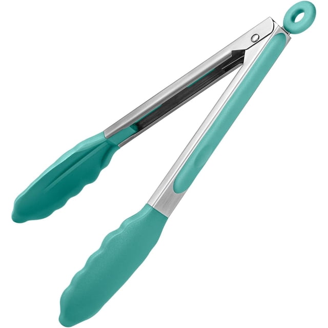 Pinces de Cuisine Résistantes à la Chaleur 480 °F : U-Taste Pince de Cuisson en silicone 9 Po Couleur Ciel Aqua avec Embouts en Caoutchouc Antiadhésifs Fermément Scellés et Poignée en Acier Inoxydable 18/8 Enduite de silicone Sans BPA. Comprend un Mécanisme de Verrouillage Fluide, des Embouts en silicone Résistants à la Chaleur et des Bords Festonnés pour une Prise Sécuritaire. Va au Lave-Vaisselle et Idéale pour Griller, Servir et Manipuler des Aliments Chauds.