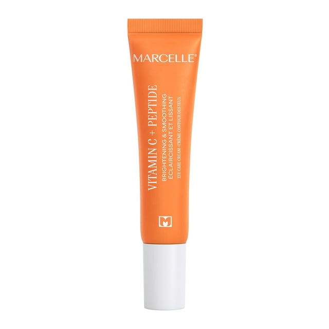Marcelle Vitamin C + Peptide Brightening Eye Care Cream, 15 ml, in an upright orange tube with white cap, combining vitamin C antioxidants and peptides to brighten, hydrate, and smooth the eye contour, ideal for sensitive skin and enhancing concealer wear.