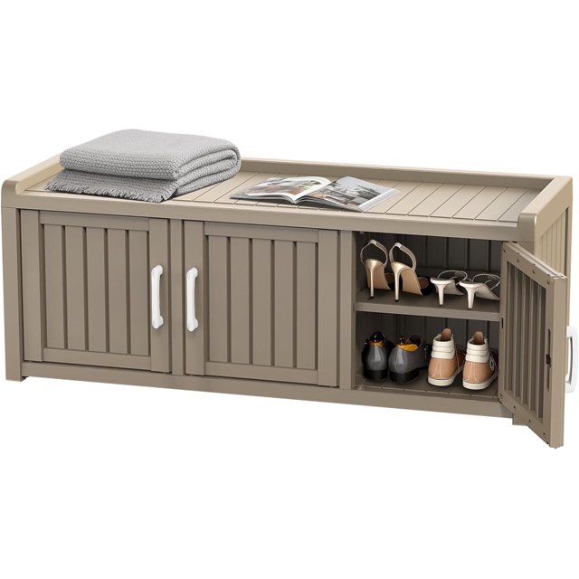 FICARTS Armoire à Chaussures à 3 Portes avec Banc de Rangement - Imperméable et Résistante aux UV, Tablettes Ajustables, Organisateur Intérieur Extérieur, Café