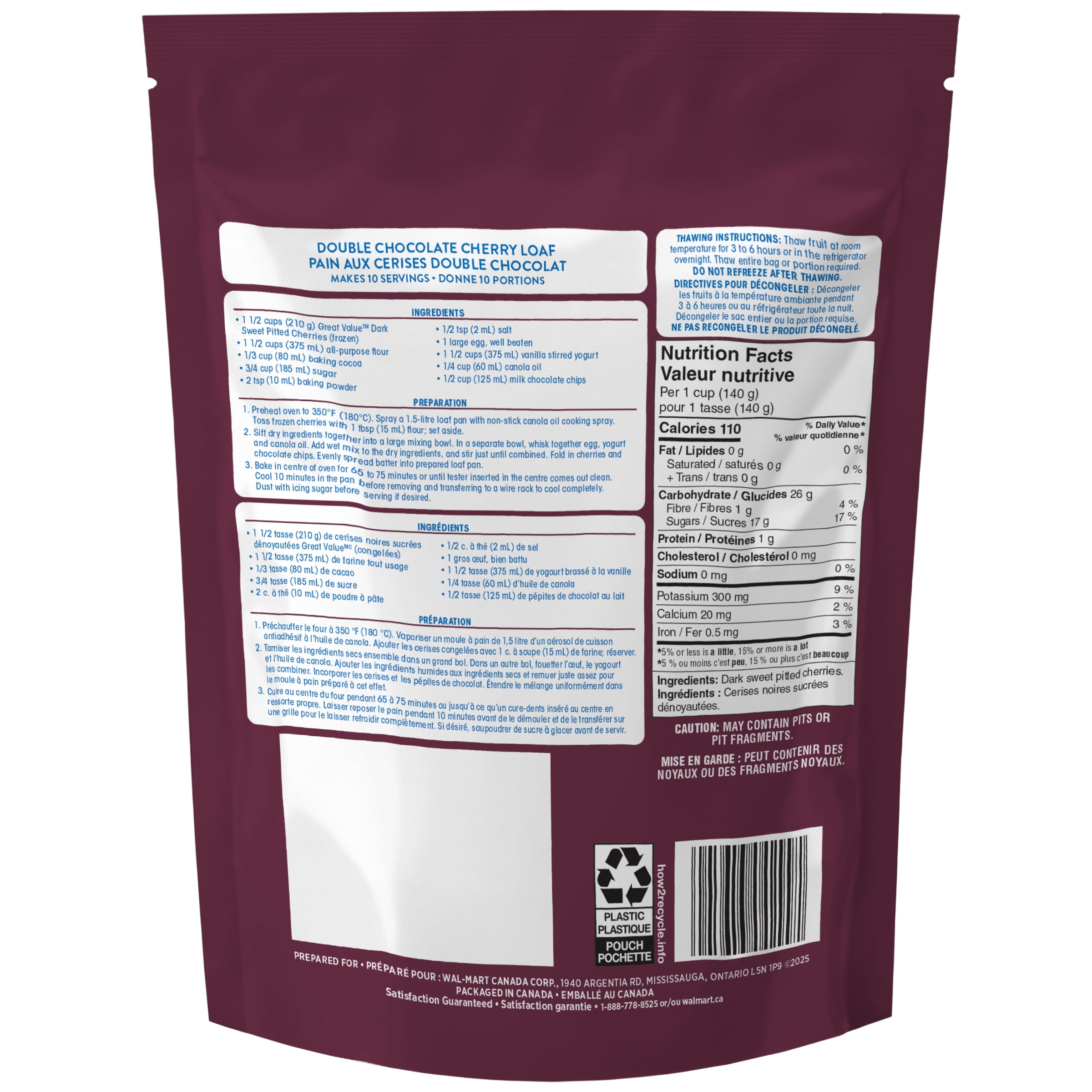 Cerises noires sucrées dénoyautées Great Value 500 g