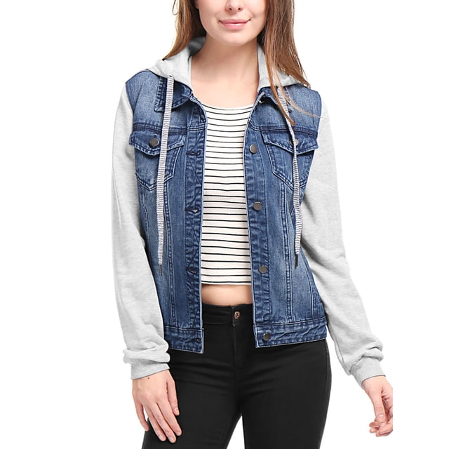 INSPIRE CHIC Women's Denim Jacket Button Down Long Sleeve Drawstring Hood Jean Jackets 2XL Dark Blue