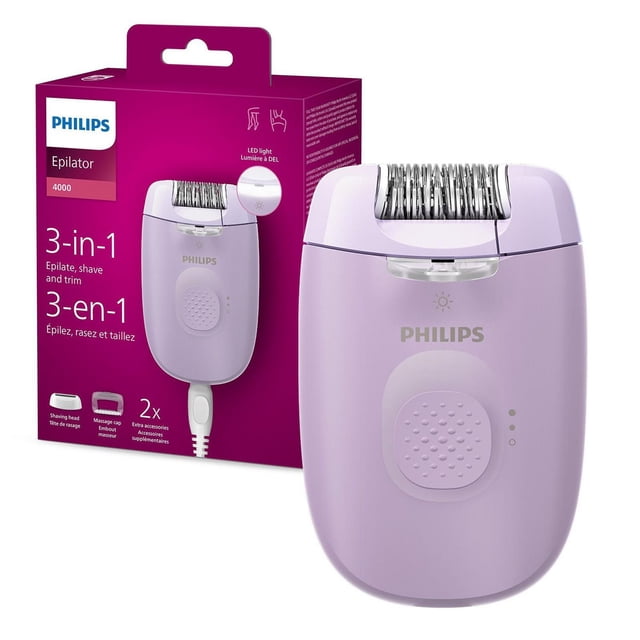Philips Corded Epilator in light purple with metal epilation head and textured grip, shown with packaging highlighting 3-in-1 epilate, shave, and trim functions, LED light, and massage cap for gentle hair removal.