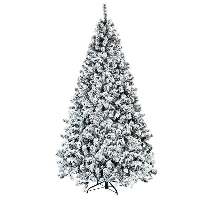 Costway 7.5ft Premium Snow Flocked Hinged Artificial Christmas Tree Unlit with 1010 branch tips and a foldable X-shaped metal stand. The snow-flocked PVC leaves create a lush, elegant appearance, ideal for Christmas decorations in homes, shops, or commercial spaces. Easy to assemble and store with its hinged construction and sectional design.