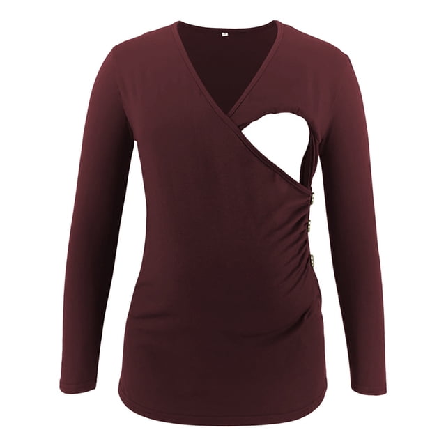Jchiup Maternity Shirt Side Button and Ruched Long Sleeve Tunic Nursing Tops