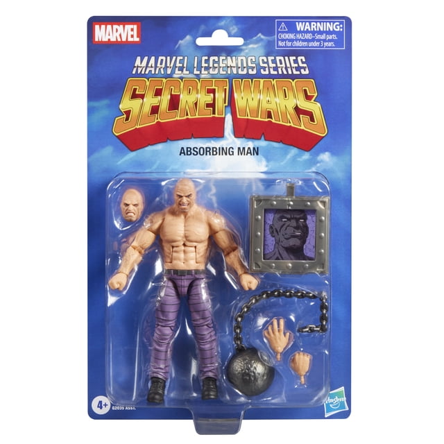 Marvel Legends Series Secret Wars Absorbing Man 6-inch action figure with muscular bare chest and purple pants, includes alternate head and hands, wrecking ball with chain, and square shield, displayed in retro comic-style packaging on blue cardback, suitable for collectors and display.