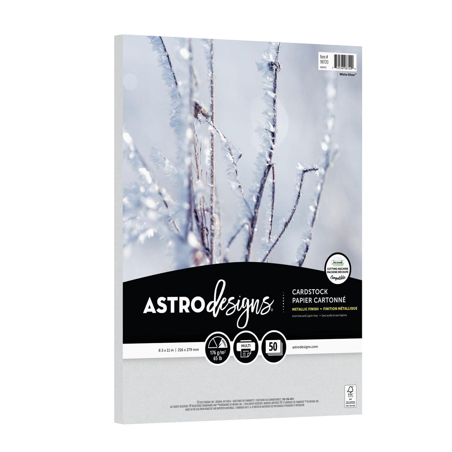 Papier cartonné métallisé blanc argent Neenah Astrodesigns, 8,5 po x 11 po, 65 lb, 50 feuilles