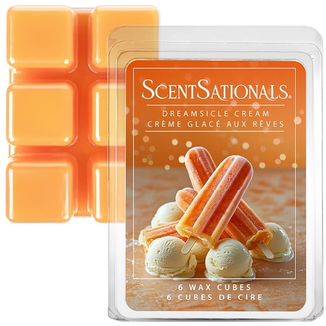 ScentSationals Scented Wax Cubes - Dreamsicle Cream with six glossy orange wax cubes arranged in two rows beside a clear plastic clamshell package featuring an orange label with images of creamsicles and vanilla ice cream, designed for electric wax warmers to release a sweet, creamy citrus fragrance that enhances home ambiance.