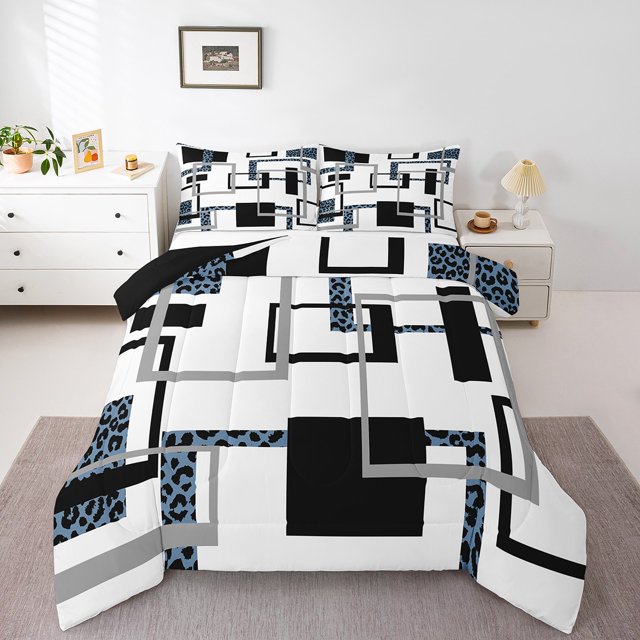 YST Ensemble de Douillette Grand Mi-Siècle pour Adulte, Literie Rayée Noire et Bleue, Ensembles de Douillette à Imprimé Guépard Moderne, Courtepointe Réversible Noire et Grise avec 2 Taies d'Oreiller