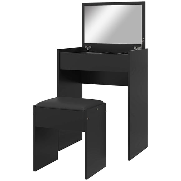Ensemble de Coiffeuse Moderne Noir avec Miroir Rabattable et Tabouret - Bureau/maquillage 2-en-1 pour Chambre - Petite Coiffeuse - Construction en Bois à Particules - 23,7 Pouces x 15,8 Pouces