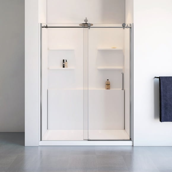 61" x 32" Chrome Alcove Sliding Shower Kit – 8 mm Clear Tempered Glass, Big‑Wheel Door, Acrylic Walls with Built‑In Shelves & Side‑Drain Base