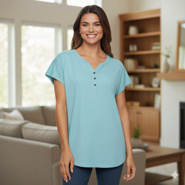 Chandail pour Femme Noir à Nœud, Henley Slub / Turquoise / Taille P Petit