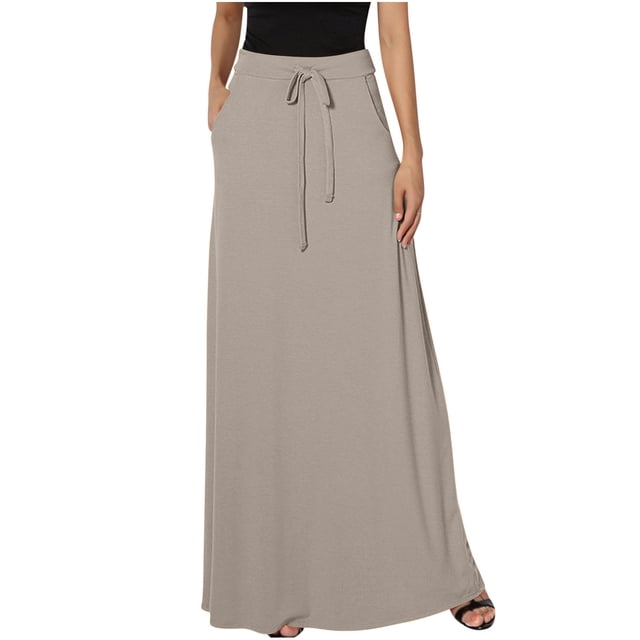 FAIWAD Women's Elastic High Waisted Maxi Skirt Drawstring Loose Casual Basic A-Line Skirts with Pockets