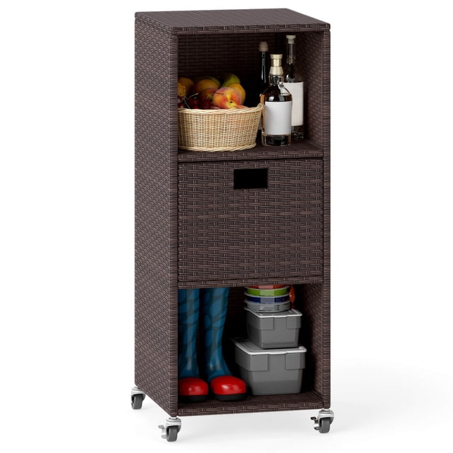 Costway Armoire de Rangement Extérieure avec Tablettes de Rangement, Tiroir et Roues Roulantes pour Véranda. Grand Organisateur Extérieur Rectangulaire Fabriqué en Rotin PE Tressé à la Main Brun Mélangé, Doté d'Un Dessus d'Armoire, de Deux Compartiments Ouverts et d'Un Tiroir Coulissant avec Poignée Découpable. la solution de Rangement mobile Est Soutenue par un Cadre Métallique Robuste et Équipée de Quatre Roues Universelles, Deux d'Entre-Doigts avec Freins pour un placement Sécurisé. Idéal pour Organiser des Articles sur les patios, les Jardins Ou les Zones au Bord de la Piscine