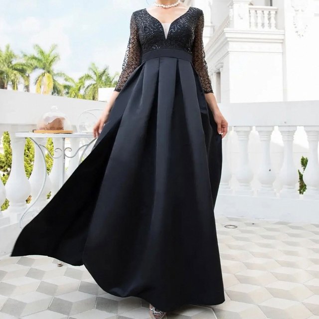 EGNMCR Robes de Soirée pour Femmes, Robes Formelles pour Femmes, Robes de Cocktail pour Femmes Mode Femmes Col en V Manches Mi-Longues Uni Paillettes Fente Haute Manches Longues Robe de Soirée Longue Robe de Cocktail Femmes Robe