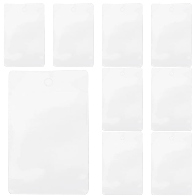 MasteelfCA 100Pcs Index Card Pockets, transparent PVC sleeves with adhesive backing for protecting and organizing cards. The image displays multiple card pockets in a grid layout, emphasizing their compact size of 8.00x5.00x0.10cm and fully transparent design. Suitable for labeling notebooks, journals, walls, desks, and whiteboards, and ideal for classroom or office organization.