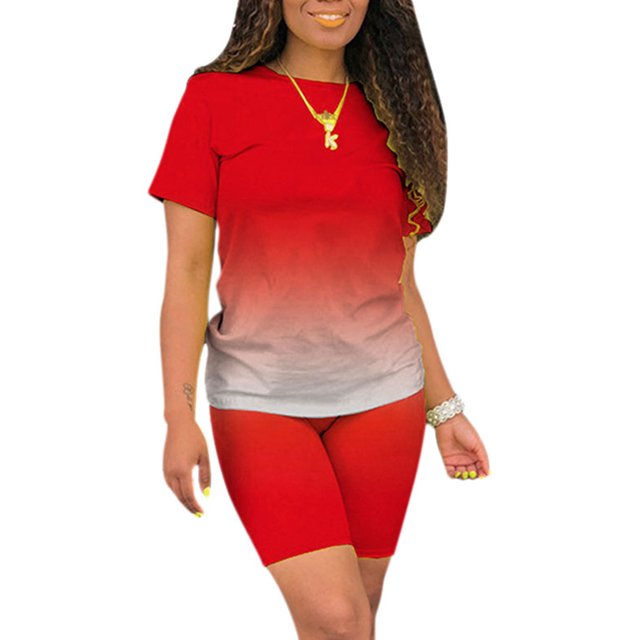Innerwin Sweatsuits Solid Color Women Jogger Set Running Short Sleeve Loose Two Piece Outfit Red L