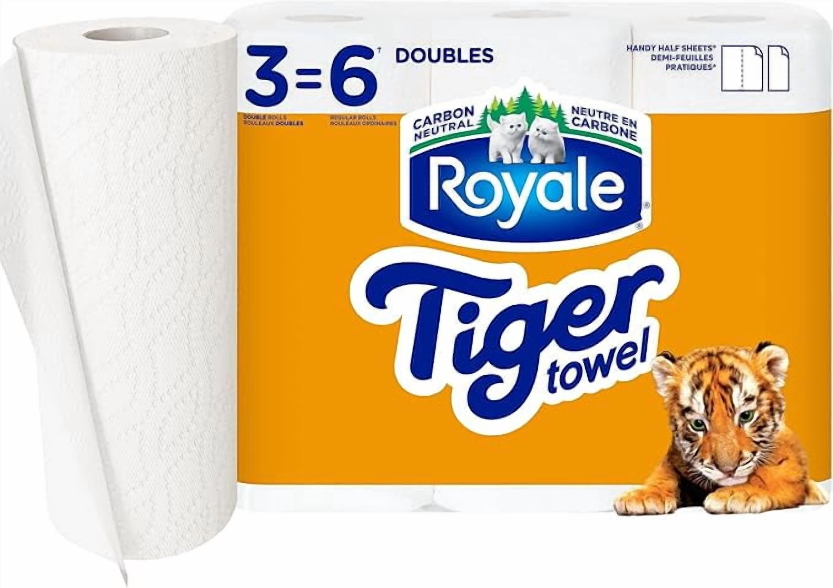 Royale Tiger Strong Paper Towel, 3 Double Equal 6 Rolls, 98 Half Sheets per Roll, White