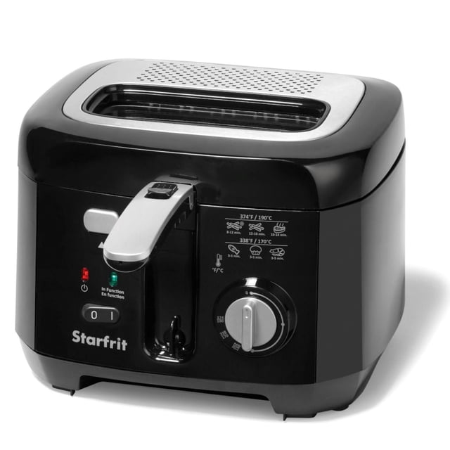 Starfrit 2.5L oil fryer with removable ceramic bowl shown in a front 3/4 view, featuring a black glossy finish, large viewing window on the lid, adjustable temperature control dial up to 190°C, magnetic power socket, and indicator lights for power and function, suitable for family-sized deep frying.