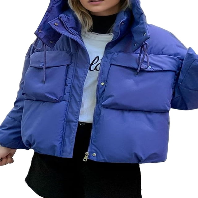 Solid Color Long Sleeve Puffer Coat with Hood and 2 Pockets for Women