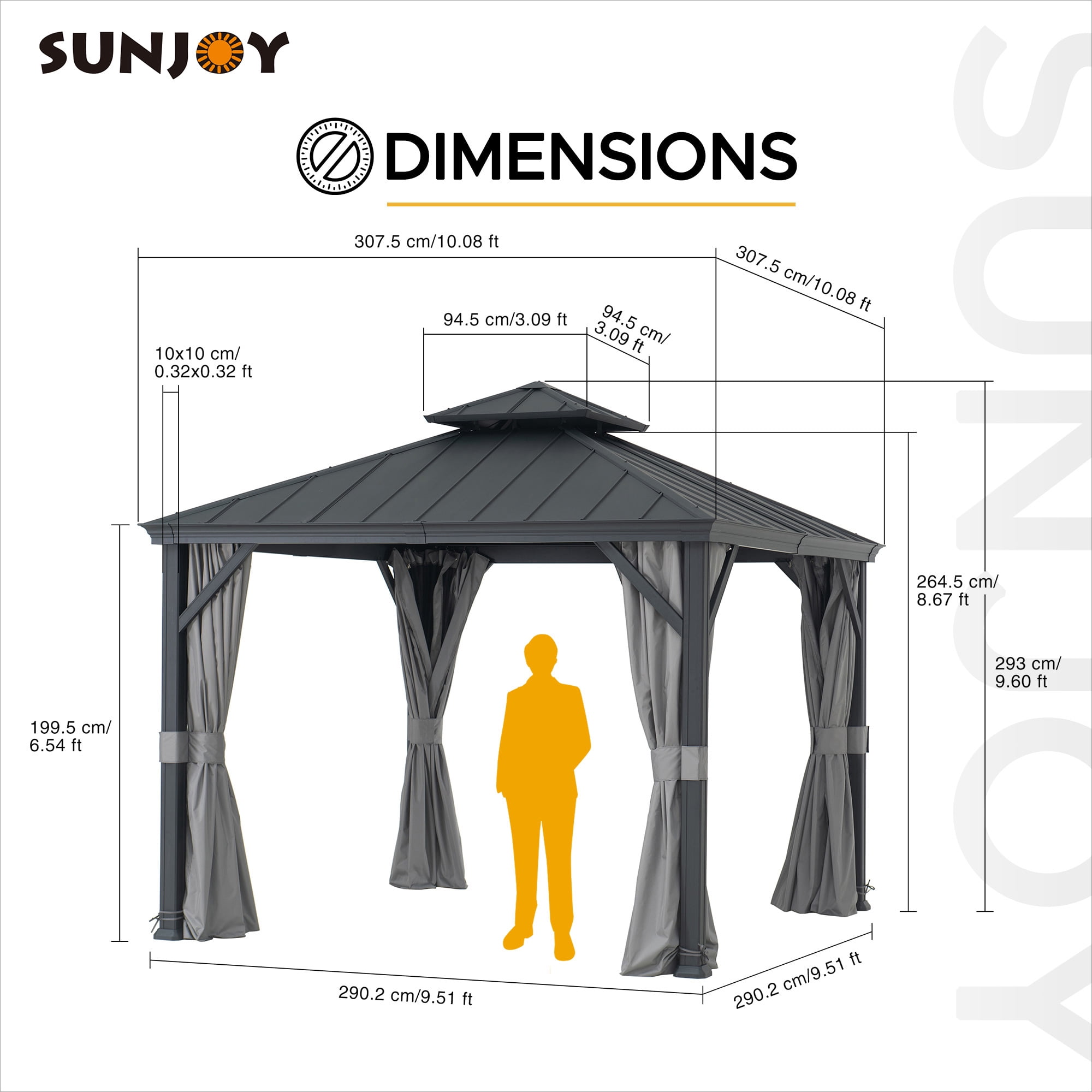 Sunjoy Tonnelle Gazebo Belvédère 10 pi x 10 pi avec toit rigide à 2 niveaux