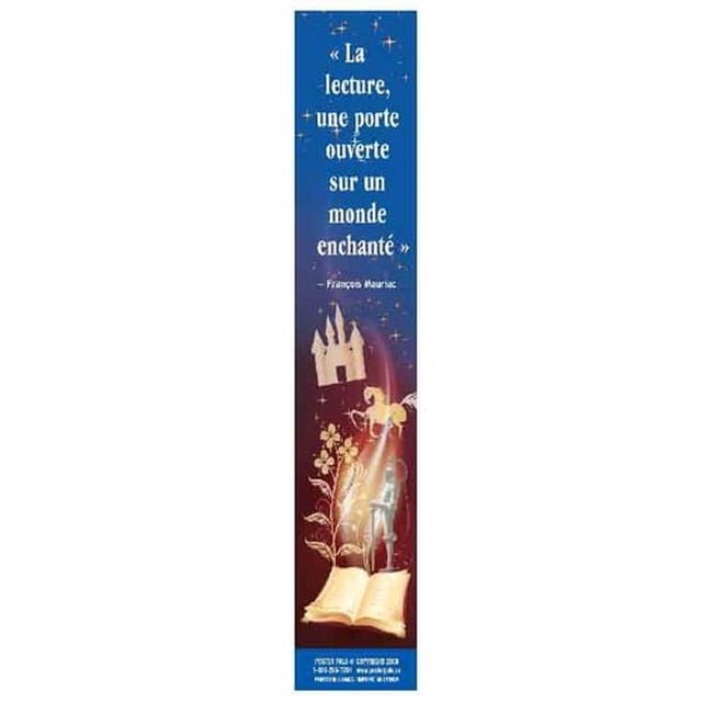 Signets Français Présentant une Citation de François Mauriac en Texte Blanc sur un Fond Dégradé vertical Bleu à Rouge, Mesurant Environ 3 par 7 Pouces. le Signet Montre un Livre Ouvert avec des Motifs Floraux Lumineux, une Figurine de Chevalier, une silhouette de Château et des Étoiles, Convient à l'Organisation et au Classement de Bureau au Bureau Ou à l'École.