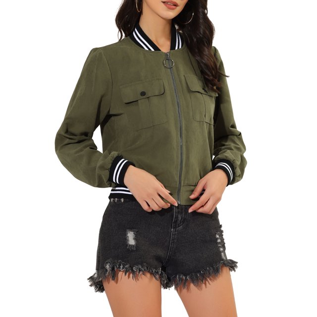 INSPIRE CHIC Veste pour Femme Col Montant Manches Longues Fermeture Éclair Poche à Rabat Blouson Bomber TG Vert Olive