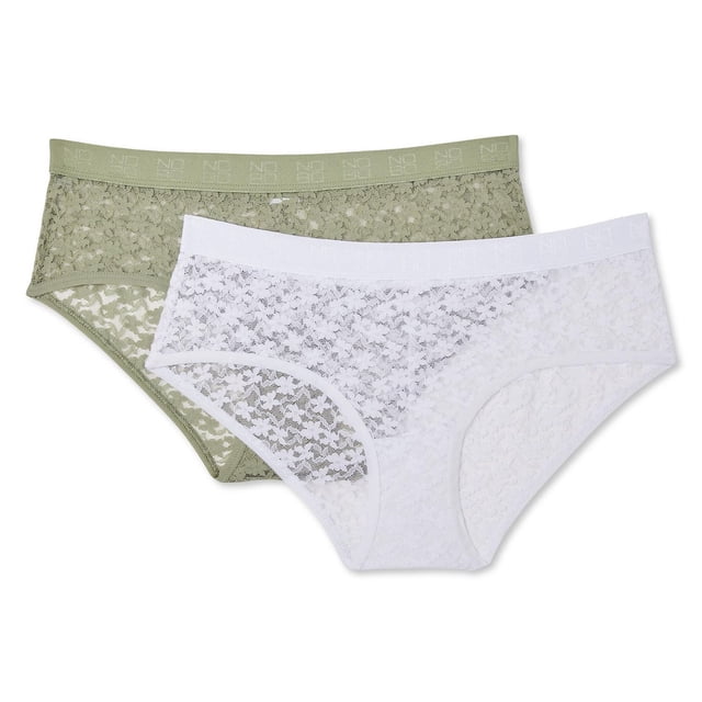 No Boundaries Women's Lace Hipster 2-Pack includes two hipster panties in sheer all-over lace fabric, one olive green and one white, both with elasticized waistbands featuring the logo print, designed for a comfortable, curve-hugging fit ideal for updating your underwear collection.