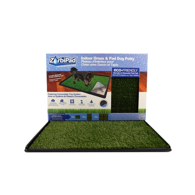 ZorbiPad Connectable Indoor Grass & Pad Dog Potty System with a black plastic tray featuring artificial green grass turf and a washable, odor-inhibiting pad, designed for customizable indoor dog potty areas ideal for potty training and eco-friendly use.