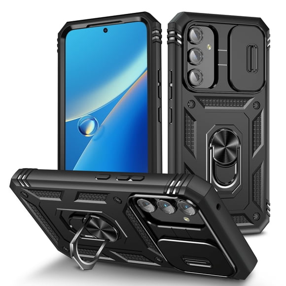 Dteck for Samsung Galaxy A25 5G Case, Built-in Slide Camera Lens Cover, Heavy Duty Shockproof Hybrid Rugged Protective Phone Cover, Built in Finger Ring Stable Holder Kickstand,Black