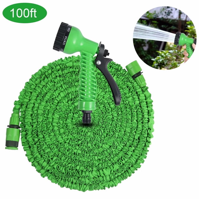 10PCS Garden Hose, 100ft Magic Lightweight Expandable Garden Hose in green, featuring a durable latex core and tough outer weave for enhanced durability. Includes a 7-in-1 spray nozzle with adjustable patterns such as soaker, cone, mist, and shower. The hose expands up to three times its original length and retracts for easy storage. Comes with quick connectors for convenient attachment and detachment.