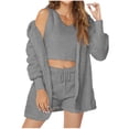 thumbnail image 1 of Ensemble de Pyjama 3 Pcs pour Femmes, Ensembles de Pyjama en Molleton Chaud, Tenues Duveteuses à Capuche, Hauts Courts Sans Manches, Shorts, Pyjamas, 1 of 7